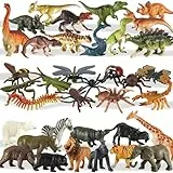 TOEY PLAY 36 Stück Tiere Figuren Spielzeug Set, 3 in 1 Tierfiguren, Dinosaurier Figuren, Dschungel Tiere Dinos, Realistische Insekten, Plastiktiere für Kinder Set, Plastikwanzen und Insektenfiguren