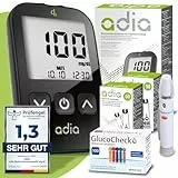 Maxi-Sparset adia Blutzuckermessgerät (mg/dL, in Deutschland gebräuchlich) + 110 Blutzuckerteststreifen, 110 Lanzetten, Stechhilfe & Etui – zur Blutzucker-Selbstkontrolle bei Diabetes