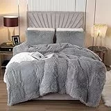 EMME Plüsch Bettwäsche Set 200x200cm Biber Flauschige Bettdecke Set für Bett Shaggy und Plüsch weiche Bettwäsche Bettbezüge und 1 Kissenbezug 2 x (80x80cm), Hellgrau