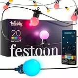 Twinkly Festoon 20 LED RGB, Lichterkette mit 20 LED-Lampen, Mehrfarbige RGB Außen- und Innenbeleuchtung, Kompatibel mit Alexa, Google Home, Gaming-Lichter, IP44, App-Steuerung, Schwarzes Kabel, 10m
