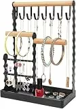 Opaceluuk Schmuck Organizer Schmuckständer mit Holz Ring Tablett – Halskettenhalter, Ohrringhalter, Armband & Ring Aufbewahrung, Metall Schmuckbaum mit Haken, Schmuckhalter für Schreibtisch & Kommode