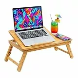 Relaxdays Laptop-Ständer, für 11,6-17,3 Zoll, höhenverstellbarer Laptophalter, Getränkehalter, Schublade, Bambus, Natur