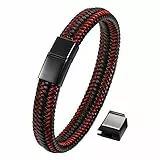 Flongo Herren Leder Armband, Edelstahl Echtleder Armband Armreif Lederarmband Manschette Rot Schwarz Surfer Kette Magnet Schließe Verstellbar Verschluss Biker Herrenarmband