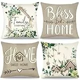 Weldomcor 4er Set Kissenbezüge Eukalyptus Blätter Blumen Holzhäuser, 45x45 cm Home Sweet Home Blumenkissen Dekorative Kissenhülle für Sofa Couch Schlafzimmer Wohnzimmer Garten Terrasse Frühlingsdeko