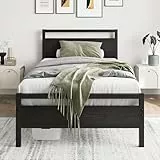 HOJINLINERO Bettgestell 90 x 200 Bettrahmen aus Metall Holz,Einzelbett Bettgestell Metallbett 90x200 mit Lattenrost,Gästebett Jugendbett 90x200 mit Stauraum,Stauraumbett Bed Frame Schwarz