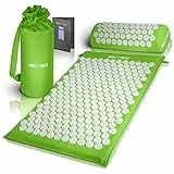 High Pulse Akupressurmatte mit Kissen und 5 Ringen - Komplettset zur Muskelentspannung und Durchblutungsförderung - Massagematte 67 x 42 cm aus Baumwolle mit Poster für Rücken und Nacken - Graun