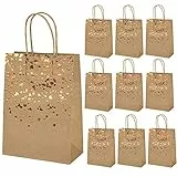 Mikihat 10 Stück Papiertüten mit Henkel，Geschenktüten aus Kraftpapier, Bronzing Kraft Tasche mit Gold Herz Verzierung, Party Geschenk Papiertüten für Partys, Hochzeiten, Feiern, Geschenktüten