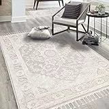 carpet city Teppich Wohnzimmer Boho-Stil Creme - 140x200 cm - Ornamente, Bordüre - Relief-Optik, 3D-Effekt - Cut-&Loop, Sisal - Moderne Fransen-Teppiche Schlafzimmer