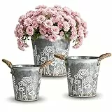 JUJOYBD Vintage Metall Deko‑Übertöpfe Set 3‑teilig, verzinkte Pflanzentöpfe mit Blumenmotiv & Jutegriffen, Ø 13,5/15 / 16,5 cm, für Innen‑ & Außendekoration