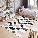 TAPISO Pinky Teppich Kurzflor Kinderteppich Kinderzimmer Rosa Weiß Schwarz Modern Geometrisch Karo Viereck Spielteppich ÖKOTEX 80 x 150 cm