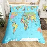 Homewish Bettwäsche-Set mit Weltkarte, für Einzelbett, mehrfarbig, 3D-Geographie, blauer Ozean, Schlafzimmer-Dekor, Bettdeckenbezug, Amerika, Europa, Asien, Afrika, Bettbezug