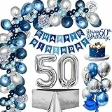 50. Geburtstag Deko, Luftballons 50.Geburtstag Männer mit Blau Silber Luftballons 50. Happy Birthday Banner, Folienballon 50.Konfetti Ballon für Männer Frauen Geburtstagsdeko 50 Jahre Mehrweg
