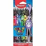 Maped 862612 - ergonomische Drei-Kant-Buntstifte, Farbstifte COLOR'PEPS BLACK MONSTER - schwarzer Schaft und bunte Monster-Bedruckung - 12x Stifte