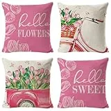 Sunshine smile Kissenbezug Tulpe 40x40 cm,4er Set Kissenhülle Blumen,Zierkissenbezug Dekokissen,Kissenbezug Kordsamt,Deko Kissen Wohnzimmer,Deko Kissen mit Blumen,für Sofa Sessel Zuhause Schlafzimmer