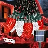 L LAMPOP C9 Ultrahelle Solar-Weihnachtsbeleuchtung, 50 LEDs, rot-weiße Lichterkette, Erdbeerblumen-Design, für den Außenbereich, wasserdicht, mit 8 Modi, für Hochzeit, Tafelaufsatz