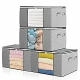 GoMaihe 4 Stück 90L Aufbewahrungstasche Groß, Aufbewahrungsbox mit Deckel Verstärkt Griff, Faltbare Umzugskartons mit Klarem Fenster Aufbewahrung für Kleidung Bettdecken Decke Koffer Organizer Grau