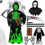 Kitimi Halloween Kostüm Kinder 5 Stück Leuchtenden Sensenmann Kostüm Mit Kapuze Sense Handschuhen, Jungen Mädchen Sensenmann Fancy Dress Kostüme für Halloween Karneval Fasching Mottoparty Cosplay