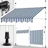 tillvex Klemmmarkise mit Handkurbel Balkon | Balkonmarkise ohne Bohren | Markise UV-beständig & höhenverstellbar | Sonnenschutz wasserdicht (Blau-Weiß, 300cm)