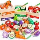 WOODMAM Lebensmittel aus Holz für Kleinkinder, Farbige Lebensmittelgruppen, Obst- und Gemüse-Schneideset, Spielküchenzubehör für Jungen & Mädchen ab 3 4 5 6
