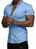 Elegancity Herren Kurzarmhemd Blau Atmungsaktiv Freizeithemd Elastische Businesshemd Bügelfrei Hawaiihemd Faltenfreie Strandhemd Sommer S