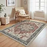 GENIMO Vintage Teppich 120x170cm, Waschbare Teppiche, Boho Teppich, Teppiche Wohnzimmer, Klein Carpet rutschfest, Schlafzimmer, Esszimmer, Büro, Rot