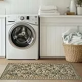 TOPICK Blumen Läufer Flur Waschbar Küche Läufer Kurzflor Vintage Orange-Grün Romantisch Teppich 60x150cm Antibakterieller Faltbar rutschfest Dünn Teppich für Brücken Schlafzimmer Wohnzimmer Flur