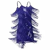 FYMNSI Latein-Tanzkleid für Mädchen, Ballsaal, Tanz-Outfit, V-Ausschnitt, glitzernde Pailletten, Quaste, Fransenkleid, Tanzkleidung, königsblau, 7-8 Jahre
