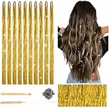 Deepton 2000 Hair Tinsel, 120cm Glitzer Haarsträhnen mit Werkzeug, Haar Lametta Set, Mädchen & Kinder Haarlametta, Glitzersträhnen für Haare für Frauen Kinder Cosplay Party Zubehör, Gold