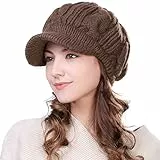 Fancet Damen Dicke Strickmütze gestrickte Barett Mütze mit Visor Baskenmütze Schirmmütze