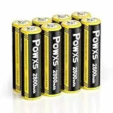 POWXS AA-Batterien Wiederaufladbar 2800mAh 8 Stück - AA Akku NIMH Selbstentladung Hohe Kapazität, 1,500 Zyklen 1,2v Geringe Ohne Memory Effekt Aufladbare Batterien