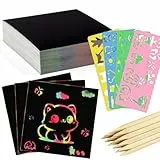 Kratzbilder Kinder, 66 Blätter Kratzpapier Regenbogen DIY Bastelsets mit 20 Holzstifte 4 Malschablonen Kratzbücher Kratzblock für Kinder Erwachsene (8.5 x 8.5cm)