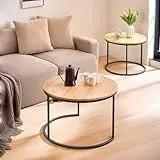 Ginhow Runder Couchtisch Holz, Eiche Couchtisch Rund 2er Set, Großer Sofatisch Ø70CM + Wohnzimmertisch Klein Ø50CM, Perfekt für Wohnzimmer Schlafzimmer Café