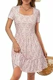 VOTEPRETTY Damen Sommerkleid Kurzarm Leicht Quadrat Ausschnitt Blumen Kleid mit Taschen Freizeit Strandkleid S