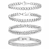 Esmoly Herren Armband Set - 4 Stücke Silber, Gold, Schwarz Edelstahl Kubanische Armbänder, 19cm/21cm/23cm Länge, Geburtstags Geschenke für Männer (Silber 21cm)