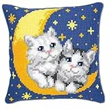 VERVACO Kreuzstich Stickpackungen Kissen Stickerei Set Anfänger Vorgedruckt Katzen auf dem Mond DIY Set Kreativ Set Für Erwachseneca. 40 x 40 cm Bastelset Handwerker Haus Dekoration