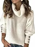 Wenrine Damen Rollkragen Pullover Oversized Winter Langarm Strickpullover Casual Warm Pulli Lose Gestrickt Sweater mit Metallknöpfen(Weiß, M)