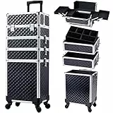 Kosmetikkoffer Trolley, 4-in-1 Schminkkoffer, Alu Beauty Case Groß Kosmetik Trolley, 360° drehbare Rollen, Abschließbar Friseurkoffer Make up Koffer Nagelkoffer, für Reisen, Geschenkidee, Schwarz