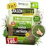 Terrauno - 'Rasenretter' Vertikutiermix I 4 kg für 140 m² I Rasendünger, Rasensamen & Bodenaktivator I 3in1 Rasenreparaturmischung I Rasendünger Frühjahr mit Grassamen gegen kahle Stellen I Nachsaat