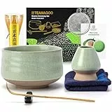 TEANAGOO Matcha Set| Matcha Besen|Matcha Tea Set | Matcha Schale| Matcha Whisk,Schaufel, Sieb, Matcha-Besenhalter, Matcha-Besenständer-7 Stück MatchaTee Sets,N6, Lt.grün mit Schwarzer Naht
