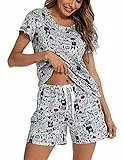 ENJOYNIGHT Schlafanzug Damen Kurz Pyjama Set Baumwolle Kurzarm Top und Kurze Hose Zweiteiliger Nachtwäsche Sommer Hausanzug Loungewear (X-Large,Grauer Hund)