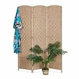 Relaxdays Paravent Raumteiler, HxB: 170 x 120 cm, Faltbarer Raumtrenner, 3-teiliger Sichtschutz, Holz, Papierseil, Natur
