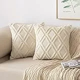 MIULEE 2er Set Kissenbezug Zierkissen Wolle Kissenbezüge Samt Fellkissen kissenhülle kuschelkissen Boho Deko Kissen Flauschig Sofakissen Dekokissen für Sofa Schlafzimmer 40x40 cm Beige