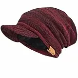 VECRY Herren Dame Dick Vlies Gefütterte Strickmützen Stricken Slouch Mütze Mit Visier (Rotwein/Schwarz)