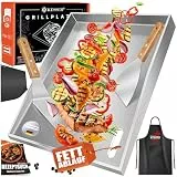 KESSER® Grillplatte Plancha aus Edelstahl 40x30cm rostfrei mit Fettablauf, hitzebeständig bis 800°C & Spülmaschinenfest für Gas & Holzkohlegrill inkl. 2 Spatel, Grillschürze, Grillmatte & Rezeptbuch