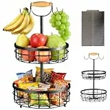 Vyranut Obstkorb 2 Etagen mit Bananenhaken, Metall Obststaender für Küche – Obstschale Etagere für Obst und Gemüse Aufbewahrung, Inklusive Abtropfmatte, Schwarz