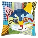 Vervaco Kreuzstich Stickpackungen Kissen Stickerei Set Anfänger Vorgedruckt Katze, patchwork Stil DIY Set Kreativ Set Für Erwachseneca. 40 x 40 cm Bastelset Handwerker Haus Dekoration