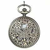 JewelryWe Vintage Taschenuhr Damen Schmetterling Kettenuhr Analog Quarz Uhr mit Halskette Kette Pocket Watch
