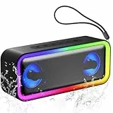 IKT Bluetooth Lautsprecher mit Licht, Musikbox Bluetooth 5.4, 30W Stereo Bass Boost, IPX7 Wasserdicht, 7 RGB Lichtmodi, 30h Spielzeit, Party-Lautsprecher für Innen & Outdoor, TWS, AUX, TF-Karte