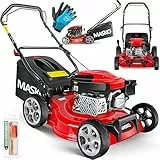 MASKO® Benzin Rasenmäher 3in1 | 42 cm Schnittbreite | 7- fache Schnitthöhenverstellung | 4 Takt OHV Motor 3,4 PS | 50 Liter Fangkorb| Inkl. Mulch- Kit, Seitenauswurf, Handschuhe & Rasenmäherbürste