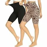 HIPOWER 2er Pack Radlerhose Damen High Waist Kurze Sport Shorts Tights Wanderhose Blickdicht Unterhosen Bauchweg Sommer Outfits Leggings Gym Yoga(Schwarz+Leopard,L-XL)